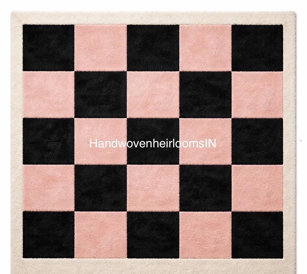 Pink and Black Checkerboard Rug | Hand Tufted Area Rug | Modern Soft Shaggy Rug |Aesthetic Room Decor | Luxury Bedroom Carpet | 8x10 9x12