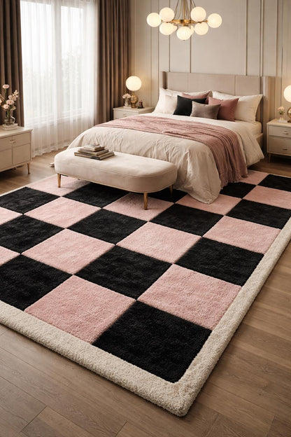 Pink and Black Checkerboard Rug | Hand Tufted Area Rug | Modern Soft Shaggy Rug |Aesthetic Room Decor | Luxury Bedroom Carpet | 8x10 9x12
