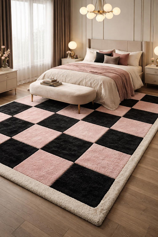 Pink and Black Checkerboard Rug | Hand Tufted Area Rug | Modern Soft Shaggy Rug |Aesthetic Room Decor | Luxury Bedroom Carpet | 8x10 9x12