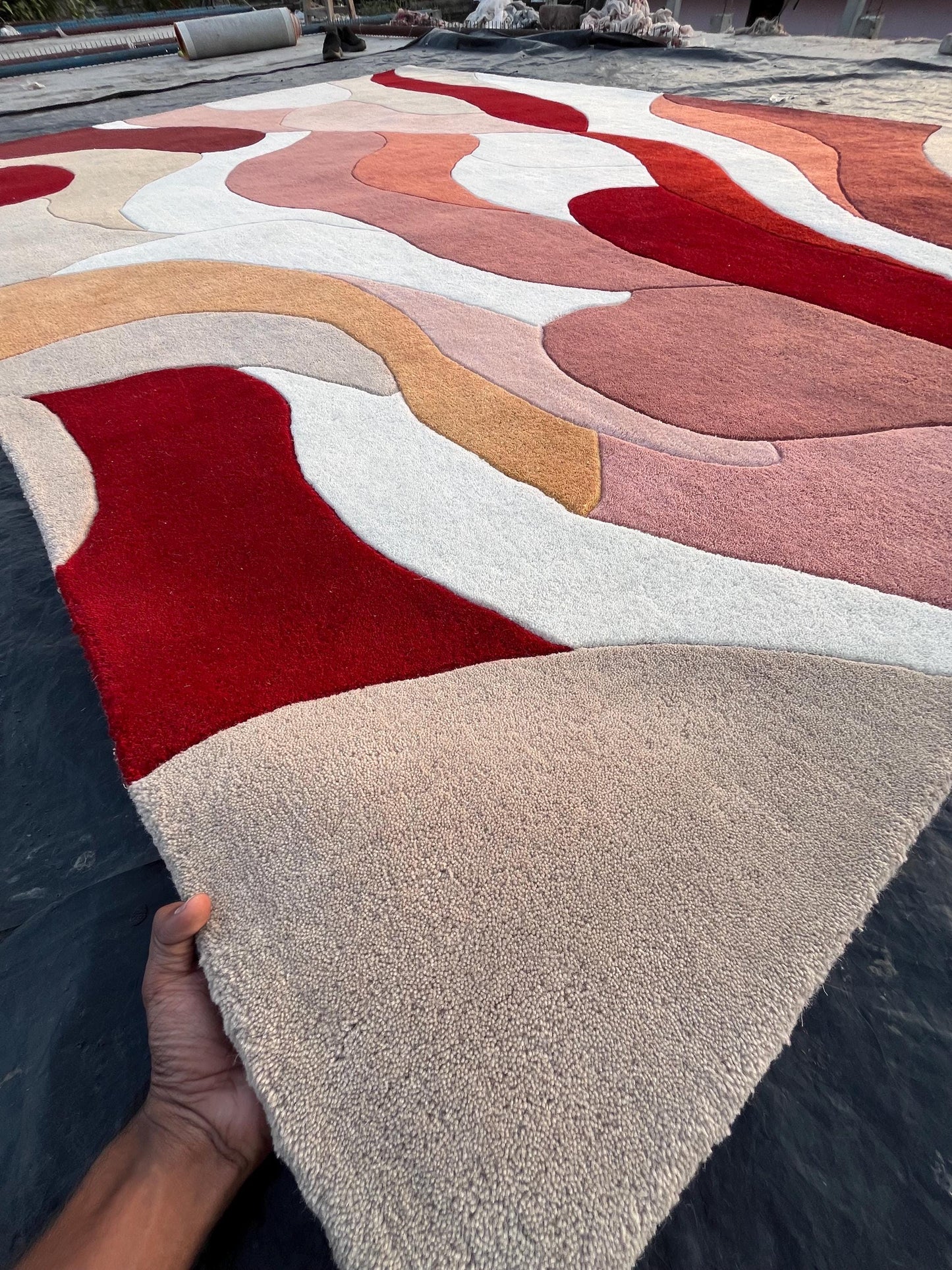 Hand Tufted Wool Rug | Beige & Red Abstract Cut Pile Rug | Modern Bedroom Area Rug | Contemporary Living Room Carpet | Custom Size Available