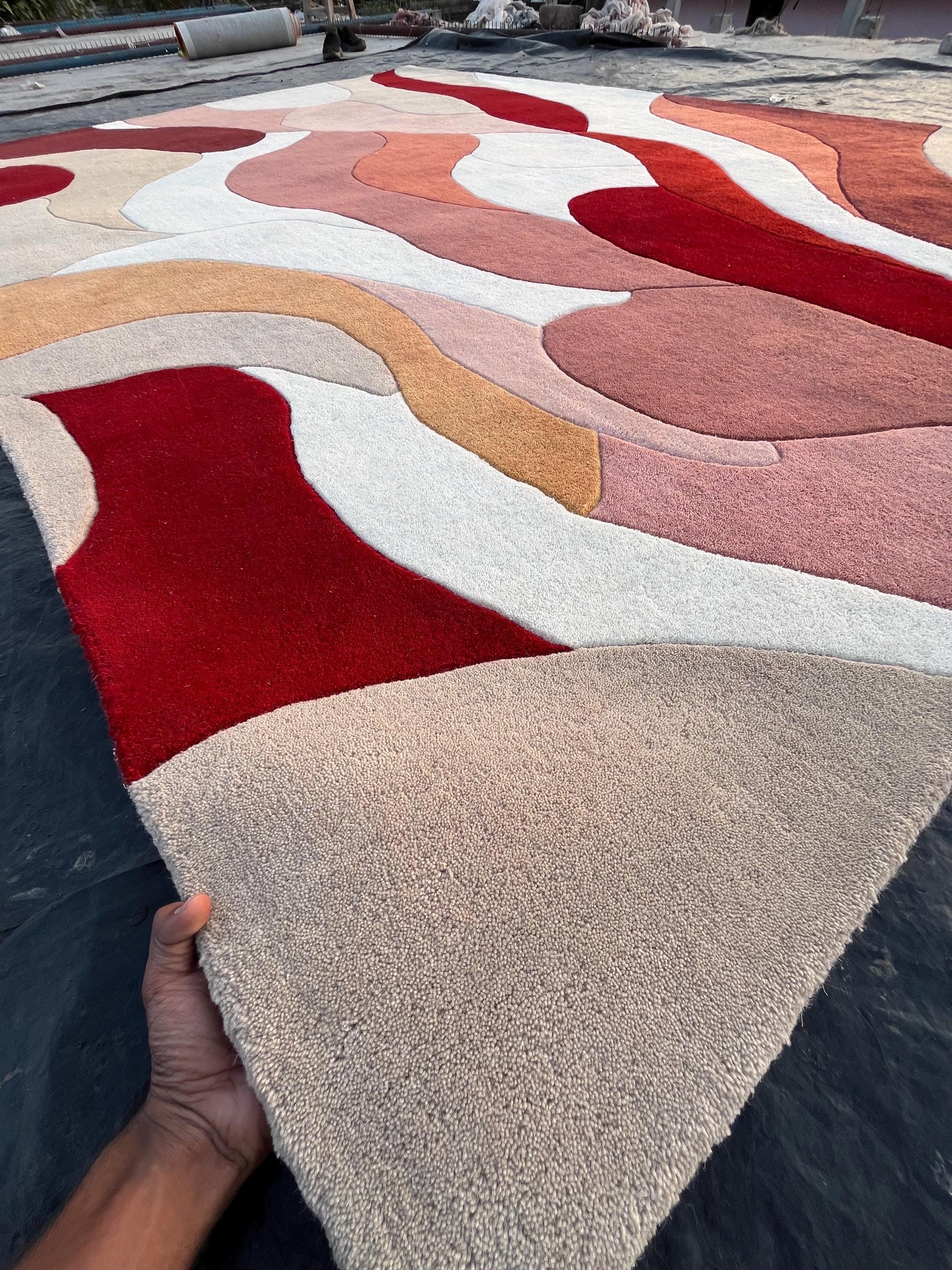 Hand Tufted Wool Rug | Beige & Red Abstract Cut Pile Rug | Modern Bedroom Area Rug | Contemporary Living Room Carpet | Custom Size Available