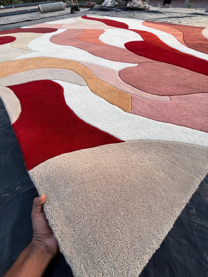 Hand Tufted Wool Rug | Beige & Red Abstract Cut Pile Rug | Modern Bedroom Area Rug | Contemporary Living Room Carpet | Custom Size Available