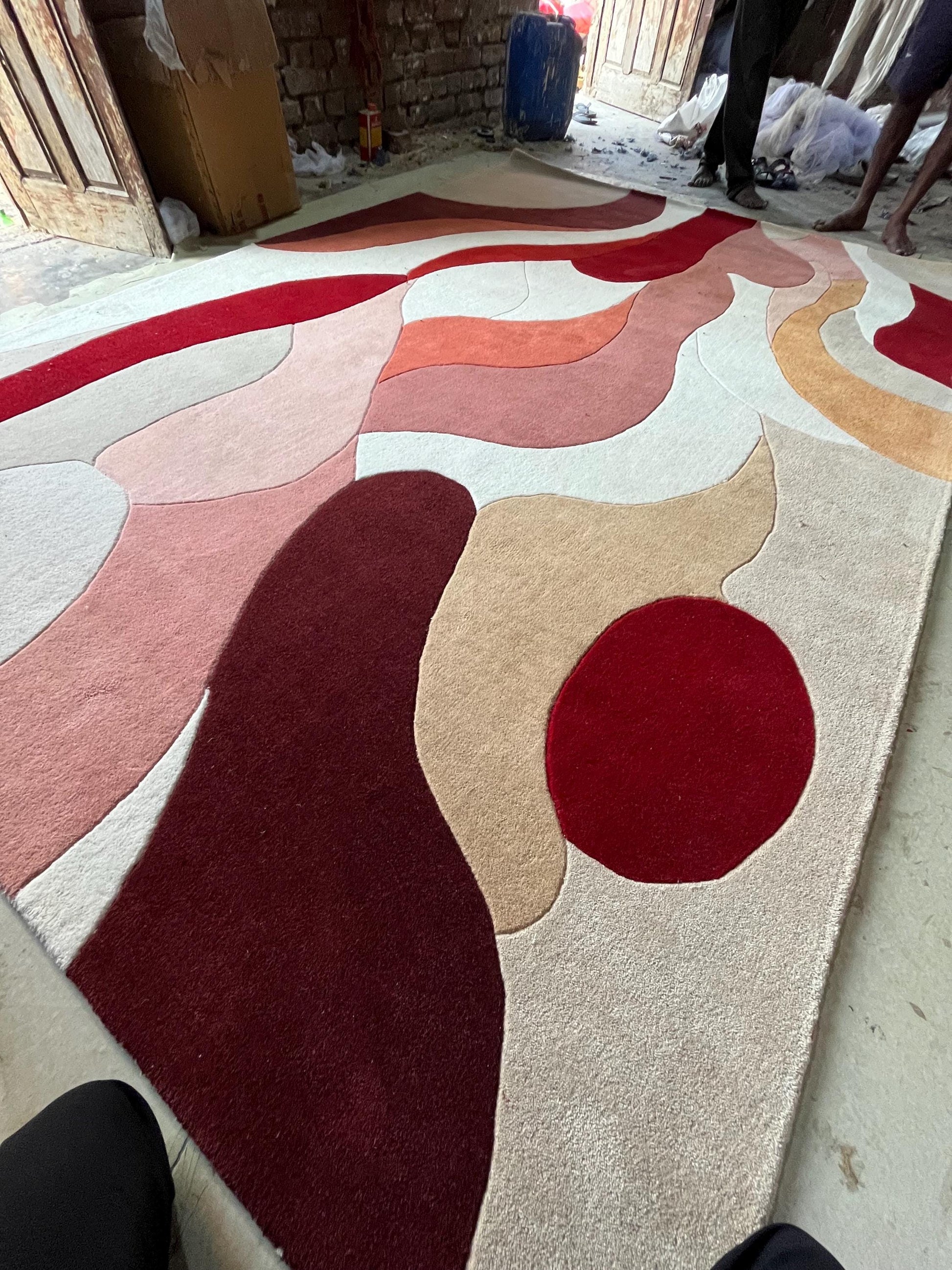 Hand Tufted Wool Rug | Beige & Red Abstract Cut Pile Rug | Modern Bedroom Area Rug | Contemporary Living Room Carpet | Custom Size Available