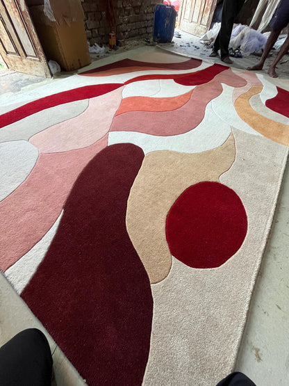 Hand Tufted Wool Rug | Beige & Red Abstract Cut Pile Rug | Modern Bedroom Area Rug | Contemporary Living Room Carpet | Custom Size Available