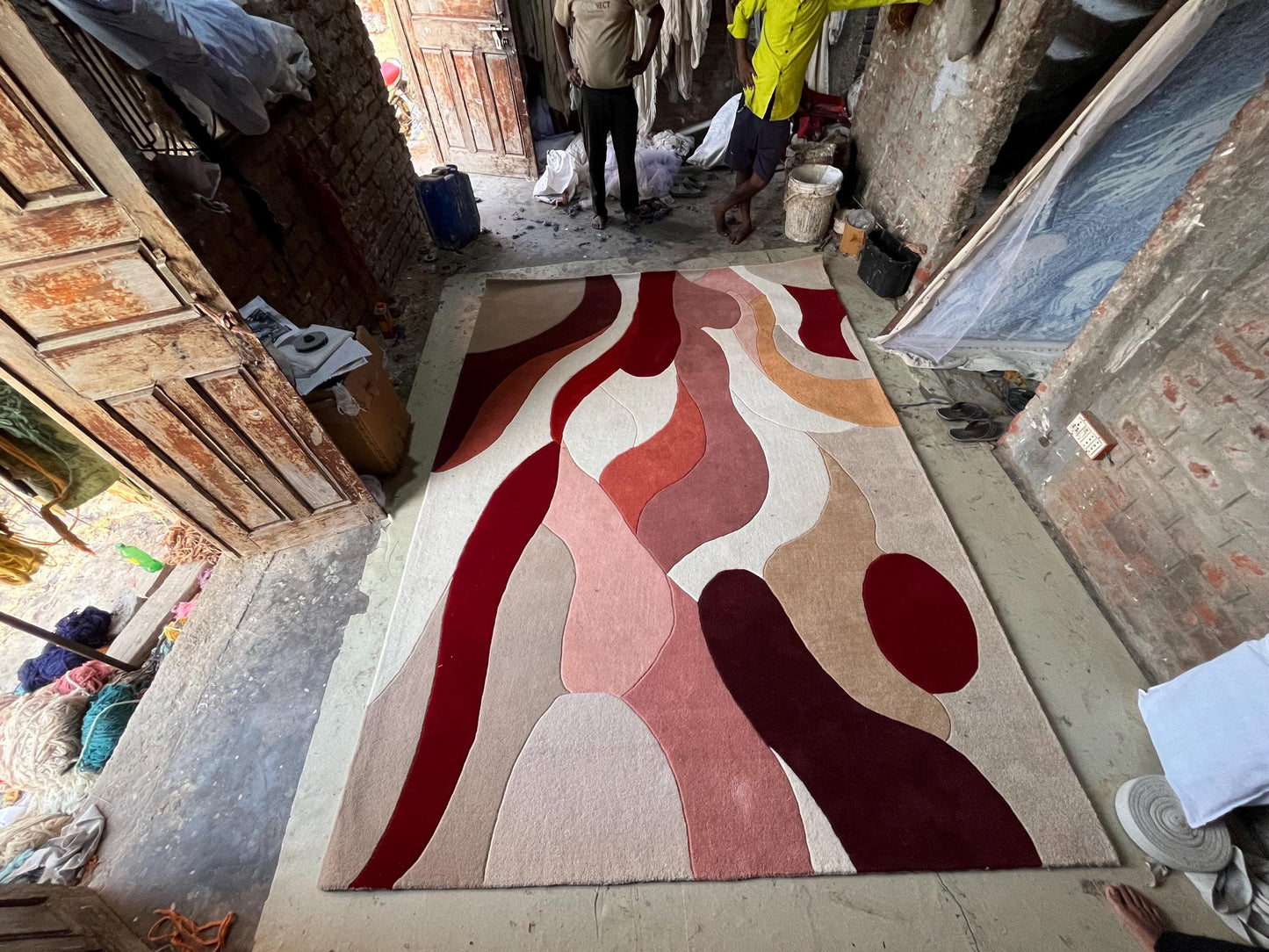 Hand Tufted Wool Rug | Beige & Red Abstract Cut Pile Rug | Modern Bedroom Area Rug | Contemporary Living Room Carpet | Custom Size Available