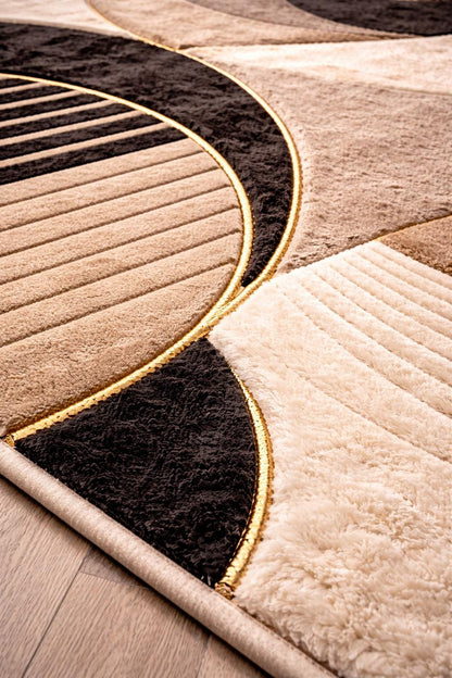 Luxury beige and black Abstract Rug | Modern Minimalist Area Rug | High Pile Plush Contemporary Carpet | Designer Living Room Statement Rug