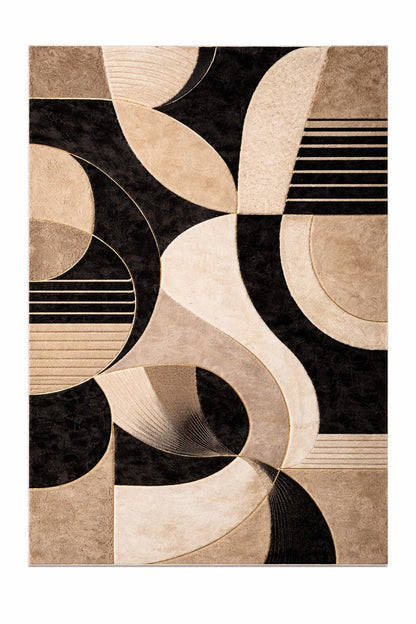 Luxury beige and black Abstract Rug | Modern Minimalist Area Rug | High Pile Plush Contemporary Carpet | Designer Living Room Statement Rug