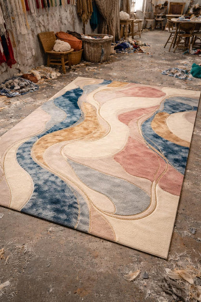 Luxury Hand Tufted Wool Rug | Abstract Modern Area Rug | Beige Navy Gold Carpet | Large Bedroom Rug | Custom Size Handmade Designer Rug 9x12