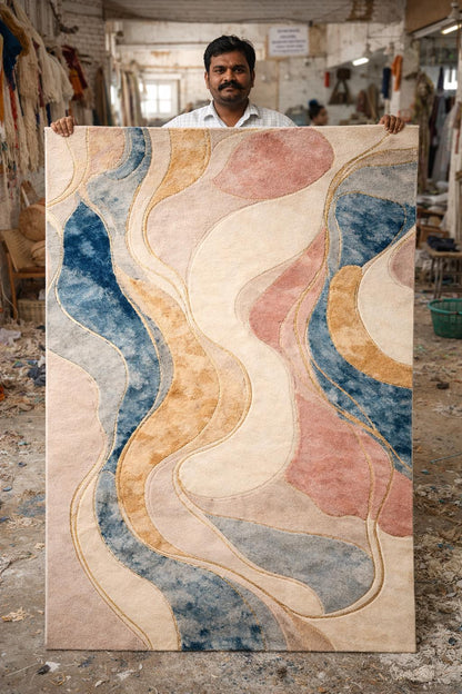 Luxury Hand Tufted Wool Rug | Abstract Modern Area Rug | Beige Navy Gold Carpet | Large Bedroom Rug | Custom Size Handmade Designer Rug 9x12