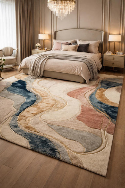 Luxury Hand Tufted Wool Rug | Abstract Modern Area Rug | Beige Navy Gold Carpet | Large Bedroom Rug | Custom Size Handmade Designer Rug 9x12