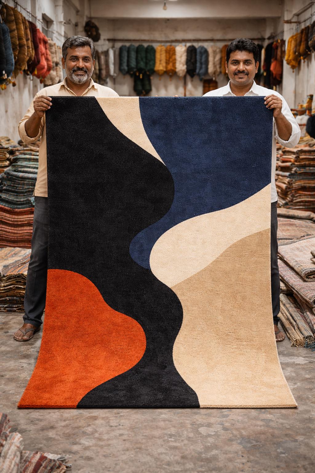 Luxury Hand Tufted Wool Rug | Abstract Modern Area Rug | Navy Black Beige Rust Rug | Designer Bedroom Rug | Handmade Contemporary Carpet
