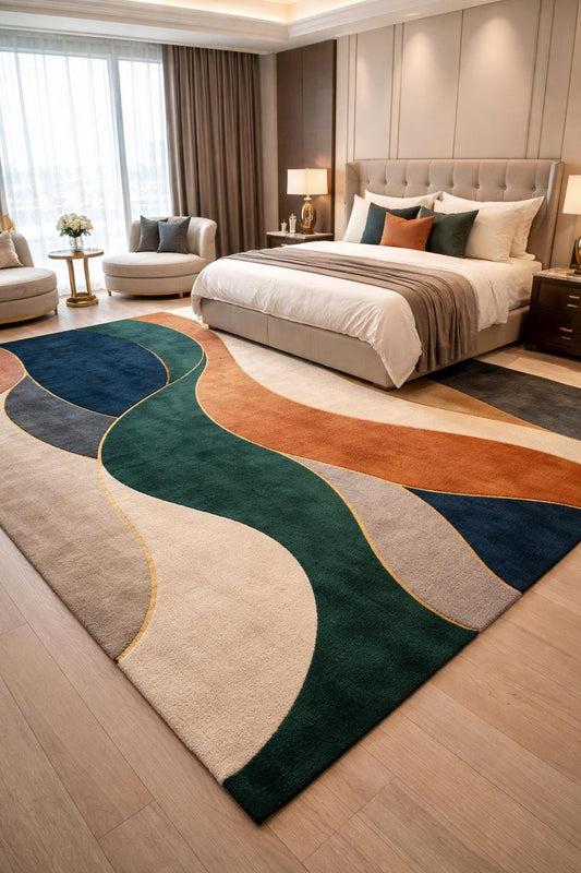 Luxury Hand Tufted Wool Rug | Abstract Modern Area Rug | Emerald Navy Burnt Orange Carpet | Designer Bedroom Rug |Custom Size Rug | 9x12 rug