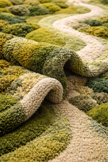 Moss Rug Handmade Tufted | Organic Green Landscape Rug | 3D River Design Area Rug | Luxury Nature Inspired Carpet | Biophilic Home Decor