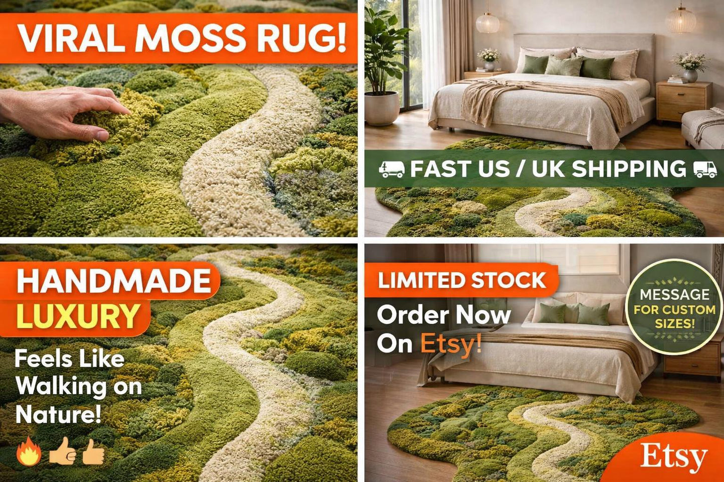 Moss Rug Handmade Tufted | Organic Green Landscape Rug | 3D River Design Area Rug | Luxury Nature Inspired Carpet | Biophilic Home Decor