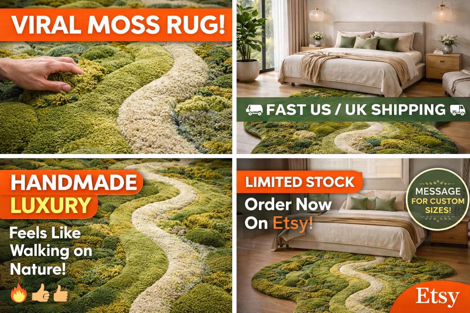 Moss Rug Handmade Tufted | Organic Green Landscape Rug | 3D River Design Area Rug | Luxury Nature Inspired Carpet | Biophilic Home Decor