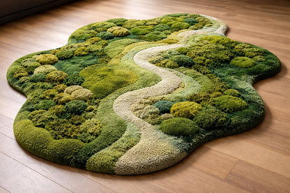 Moss Rug Handmade Tufted | Organic Green Landscape Rug | 3D River Design Area Rug | Luxury Nature Inspired Carpet | Biophilic Home Decor