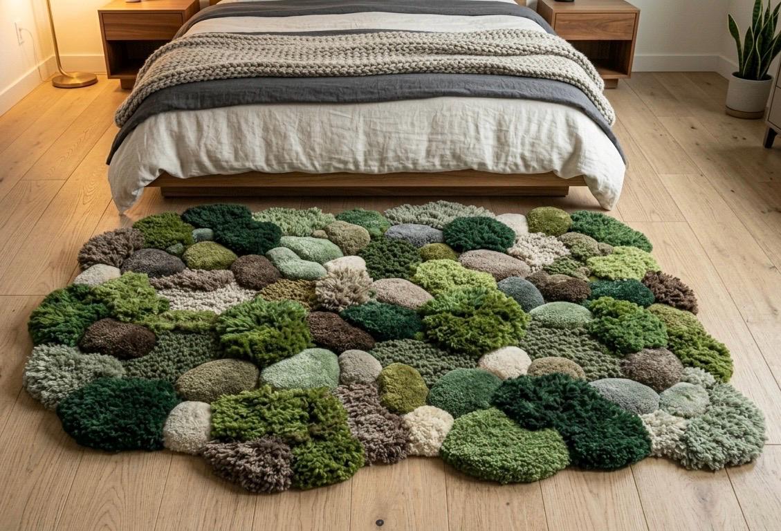 Luxury Moss Pebble Rug Handmade | 3D Tufted Green Rug | Organic Stone Texture Carpet | Biophilic Nature Rug | Luxury Aesthetic Room Decor