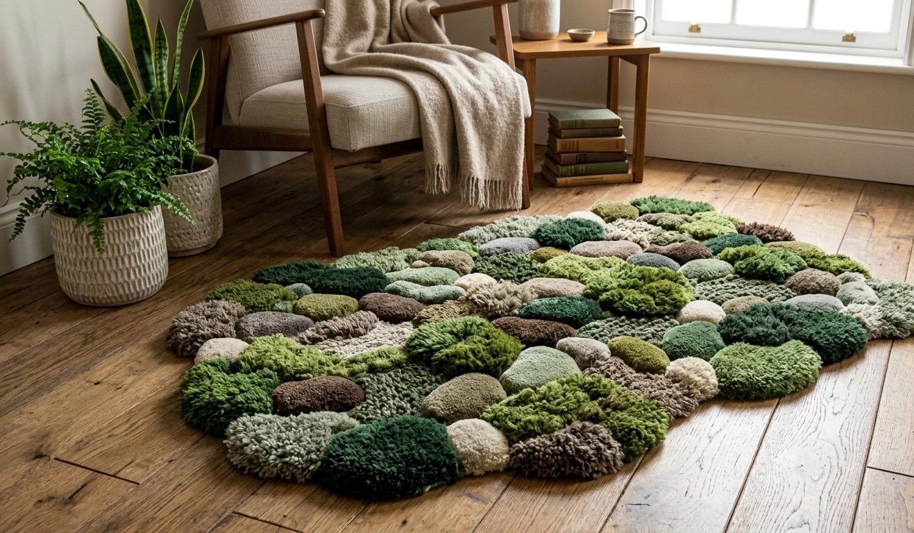 Luxury Moss Pebble Rug Handmade | 3D Tufted Green Rug | Organic Stone Texture Carpet | Biophilic Nature Rug | Luxury Aesthetic Room Decor