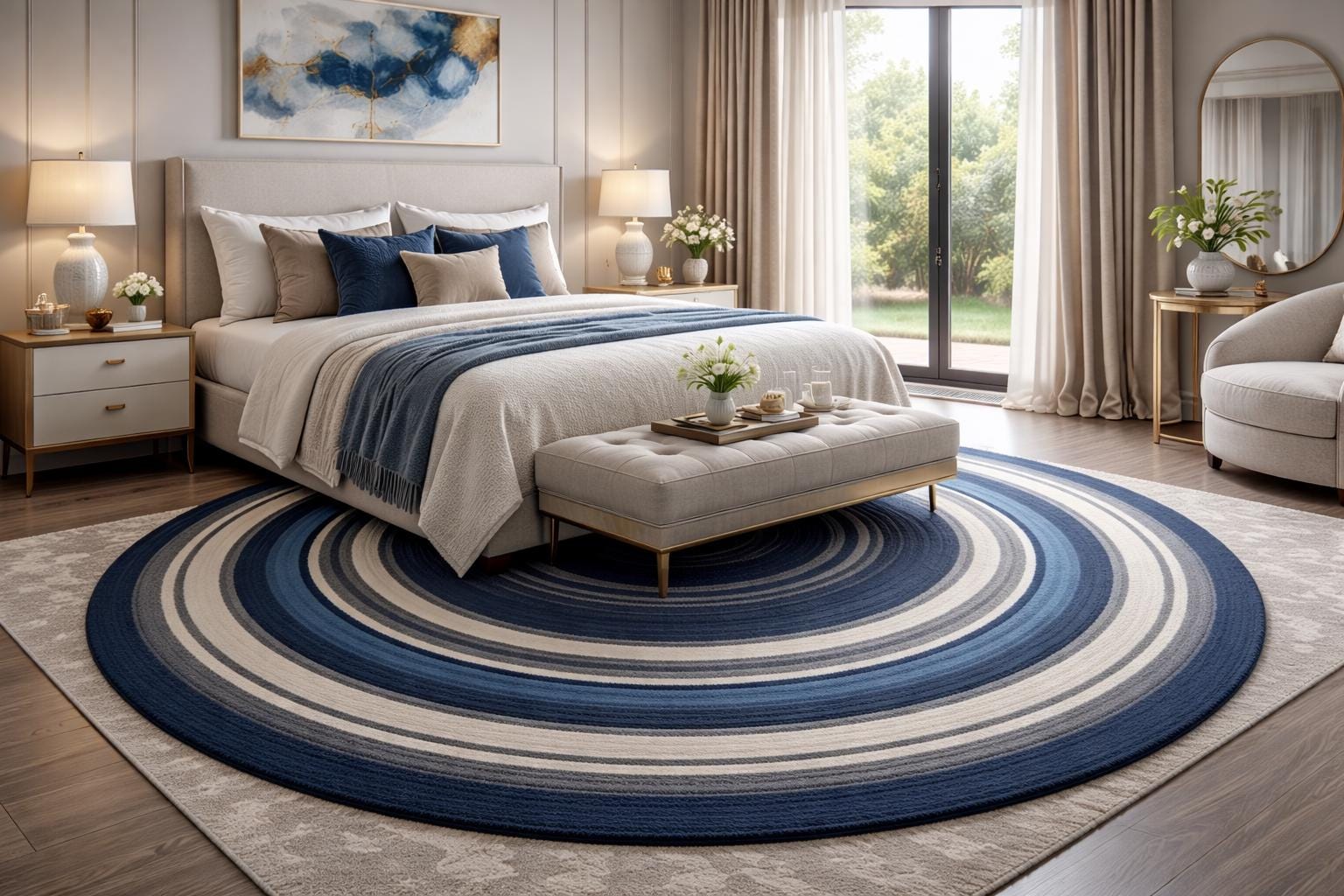 Luxury Round Blue Geometric Rug | Hand Tufted Modern Circle Area Rug Plush Wool Bedroom and Living Room Carpet Contemporary Home Decor |