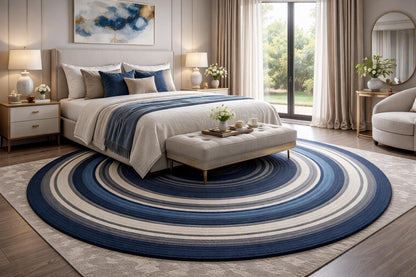 Luxury Round Blue Geometric Rug | Hand Tufted Modern Circle Area Rug Plush Wool Bedroom and Living Room Carpet Contemporary Home Decor |