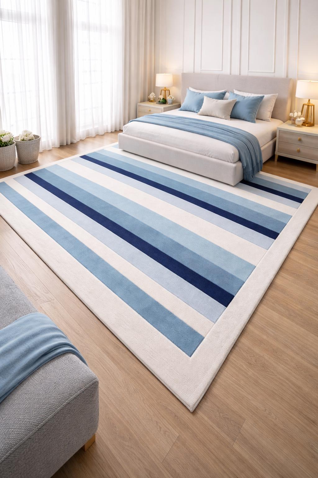 Luxury Hand Tufted Wool Rug | Blue Striped Area Rug | Modern Coastal Rug | Handmade Carpet | Minimalist Scandinavian Rug | Custom Size Rug