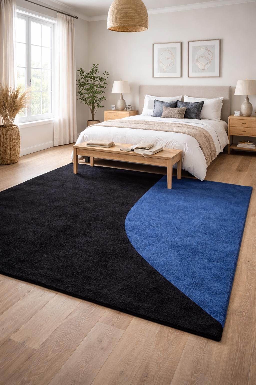 Black Blue Modern Rug | Hand Tufted Wool Rug | Minimalist Area Rug | Geometric Curved Design Carpet | Luxury Bedroom Living Room Rug | 9x12