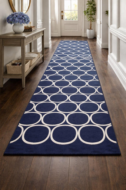 Navy Blue Geometric Wool Rug | Hand Tufted Modern Carpet, Minimalist Bedroom Area Rug