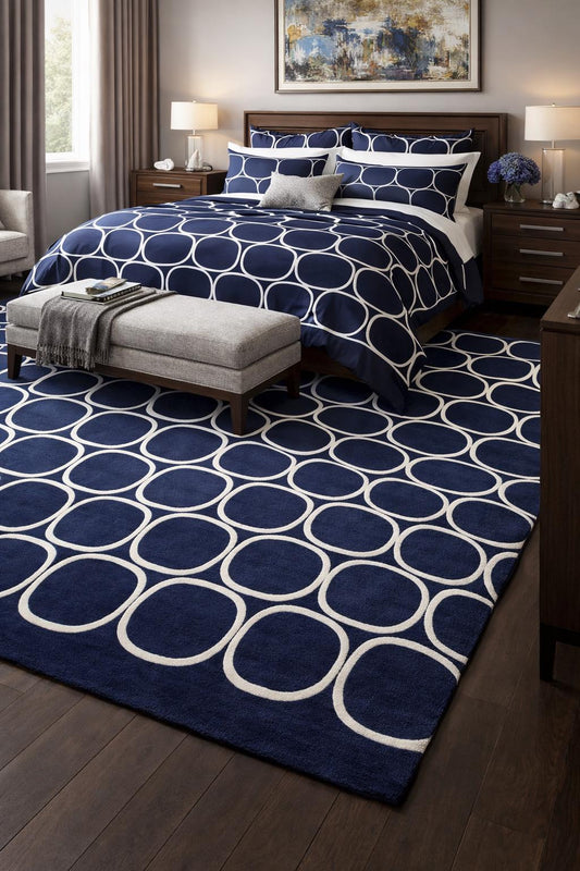 Navy Blue Geometric Wool Rug | Hand Tufted Modern Carpet, Minimalist Bedroom Area Rug