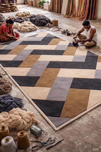 Hand Tufted Wool Rug | Modern Geometric Abstract Carpet, Beige Grey Black