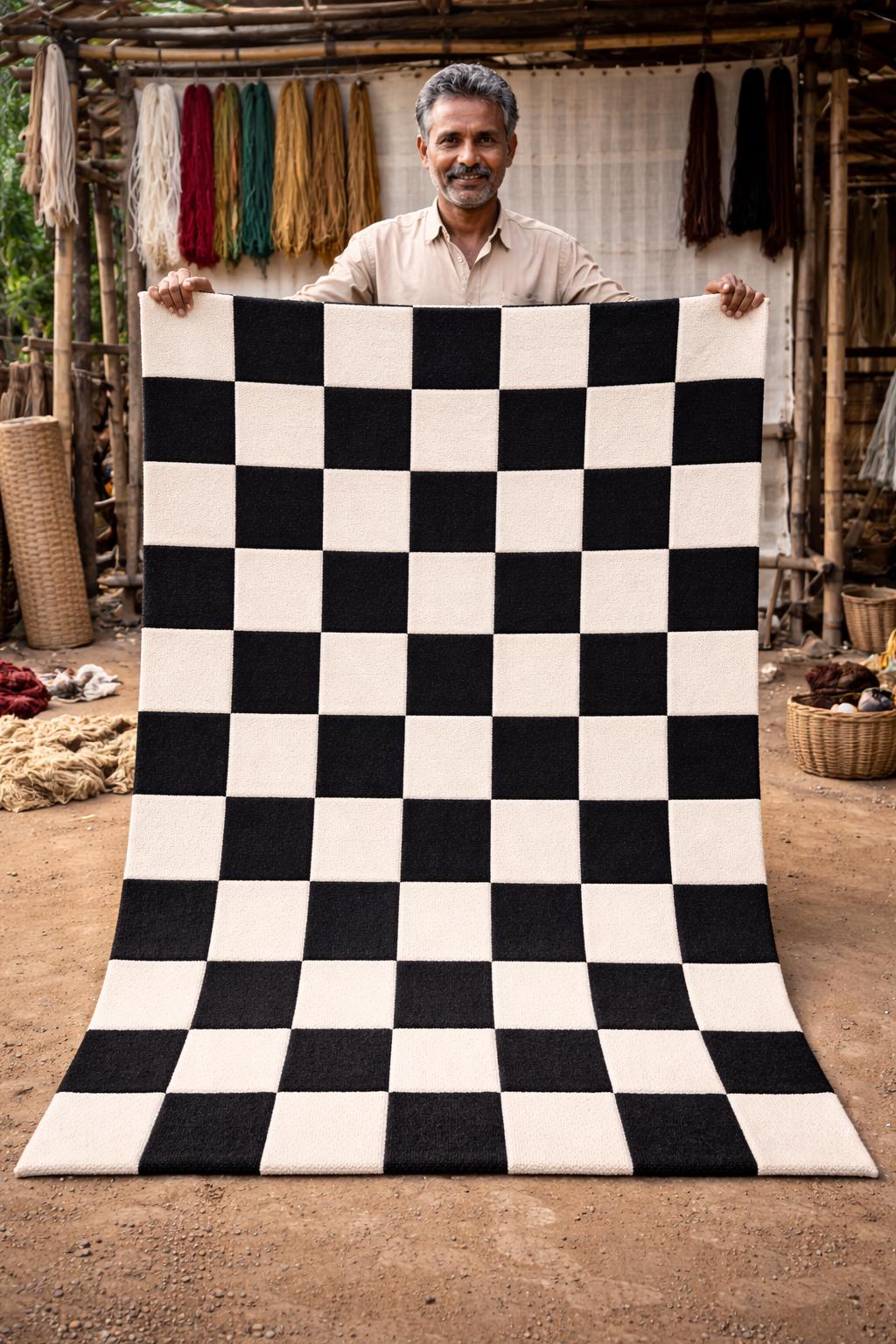 Hand Tufted Wool Checkered Rug | Modern Minimalist Black White Area Rug