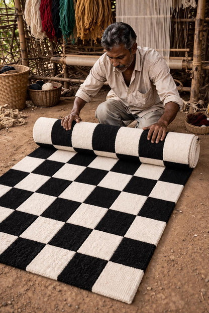 Hand Tufted Wool Checkered Rug | Modern Minimalist Black White Area Rug