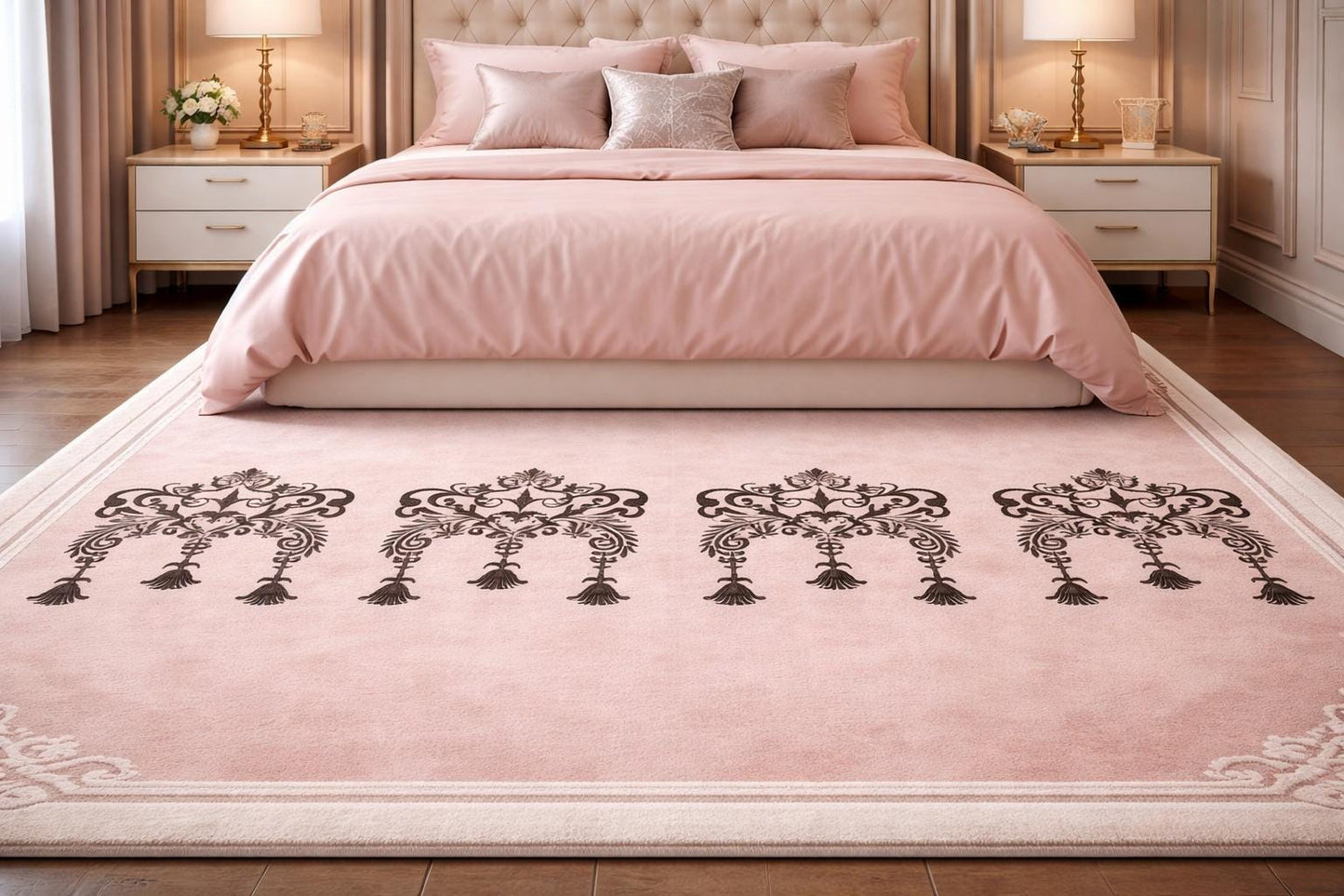 Blush Pink Hand Tufted Wool Rug | Damask Motif Area Carpet | Custom Size Floor Runner