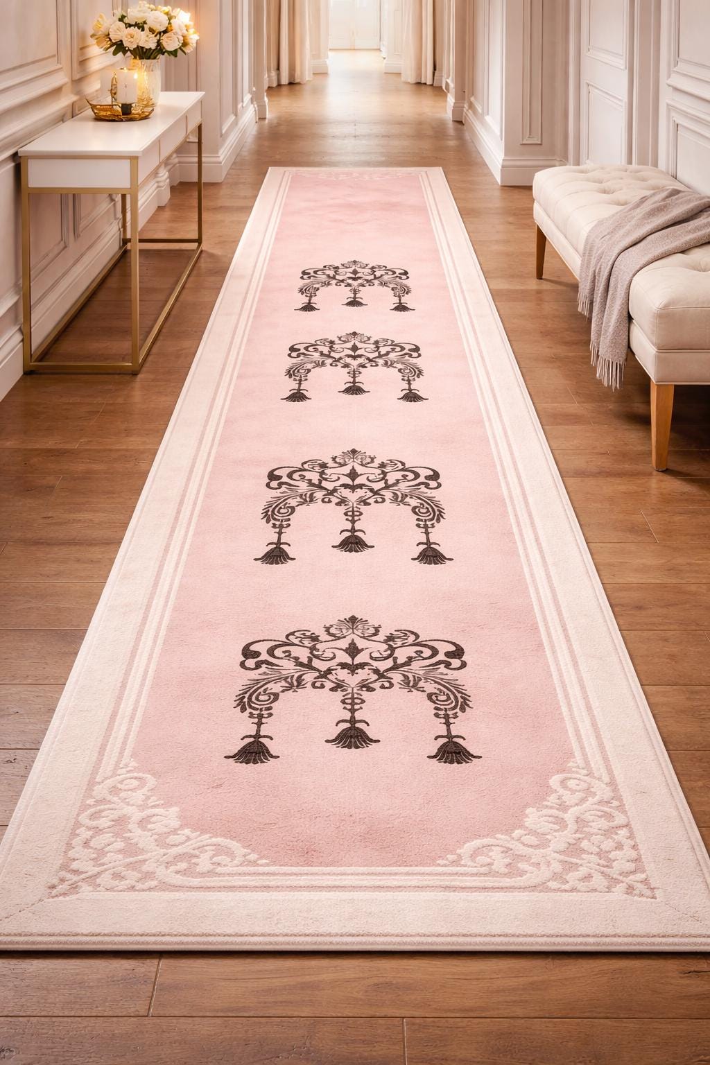 Blush Pink Hand Tufted Wool Rug | Damask Motif Area Carpet | Custom Size Floor Runner