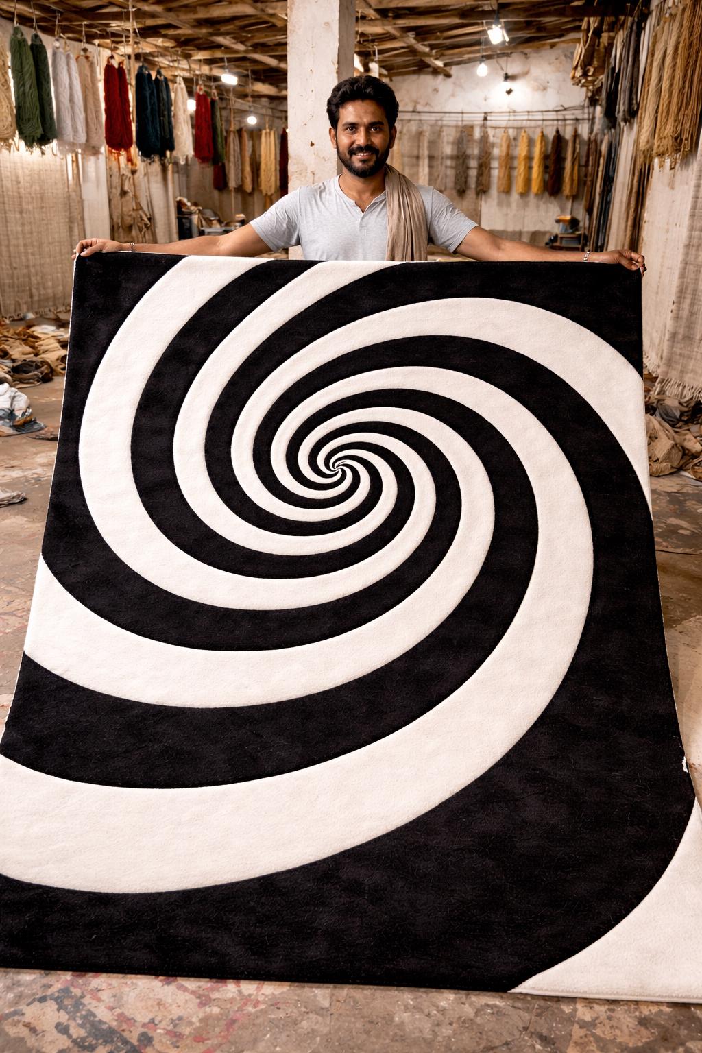 Black and White Spiral Rug | Hand Tufted Wool Rug | Modern Abstract Carpet | Custom Size Area Rug | Minimalist Luxury Rug | 7x10 8x12 9x12
