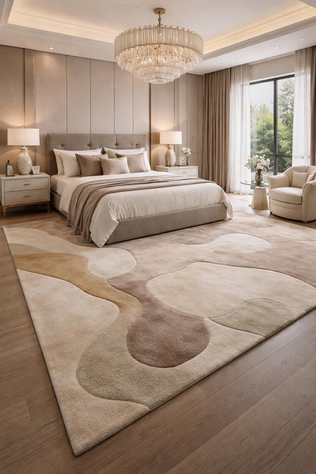 Luxury Abstract Beige Wool Rug | Hand Tufted Neutral Area Rug | Modern Organic Shape Carpet | Soft Bedroom Rug | Minimalist Home Decor 12x15