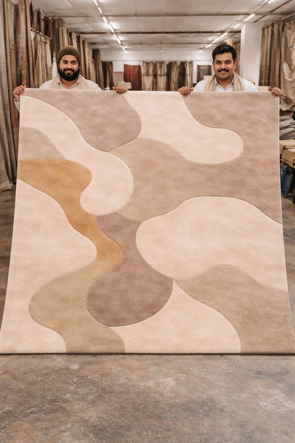 Luxury Abstract Beige Wool Rug | Hand Tufted Neutral Area Rug | Modern Organic Shape Carpet | Soft Bedroom Rug | Minimalist Home Decor 12x15