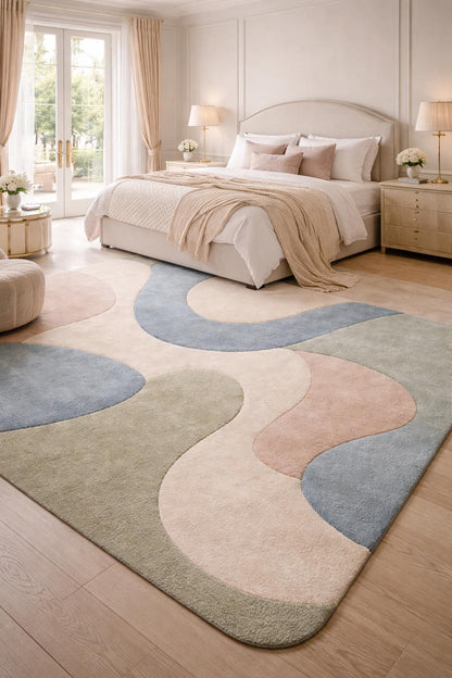 Hand Tufted Wool Abstract Rug | Modern Pastel Rug | Beige Blue Green Area Rug | Luxury Bedroom Rug | Soft Plush Carpet Contemporary Home rug