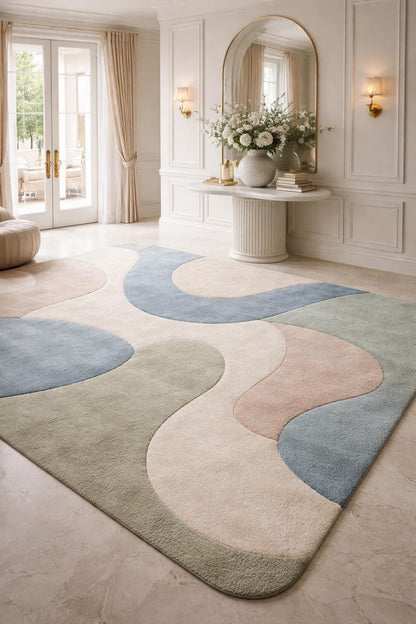 Hand Tufted Wool Abstract Rug | Modern Pastel Rug | Beige Blue Green Area Rug | Luxury Bedroom Rug | Soft Plush Carpet Contemporary Home rug