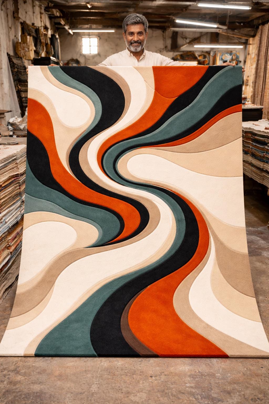 Luxury Abstract Area Rug | Hand Tufted Cut Pile Rug | Modern Teal Rust Gold Living Room Carpet | Contemporary Designer Rug UK US Home Decor
