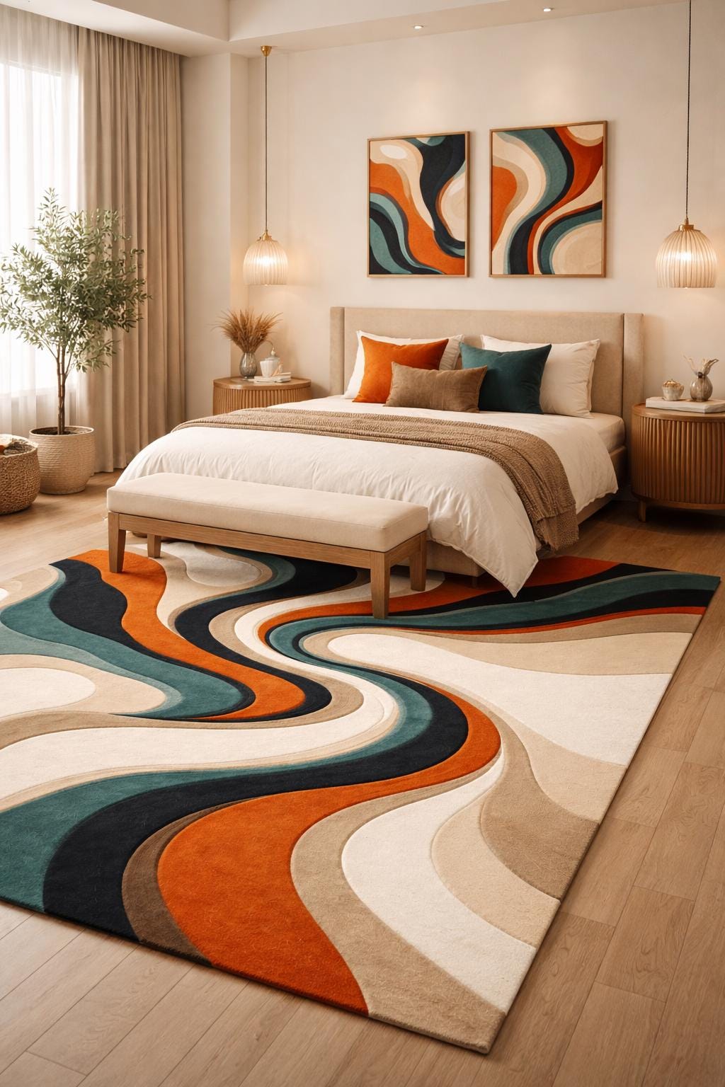 Luxury Abstract Area Rug | Hand Tufted Cut Pile Rug | Modern Teal Rust Gold Living Room Carpet | Contemporary Designer Rug UK US Home Decor