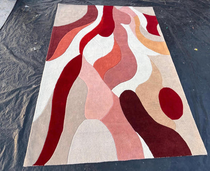 Hand Tufted Wool Rug | Beige & Red Abstract Cut Pile Rug | Modern Bedroom Area Rug | Contemporary Living Room Carpet | Custom Size Available