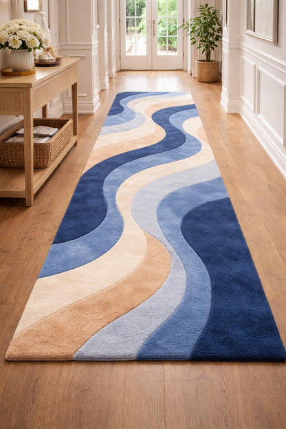 Luxury Abstract Rug | Hand Tufted Wool Rug | Modern Wave Design Carpet | Luxury Living Room Rug | Beige Blue Area Rug | Custom Size Rug