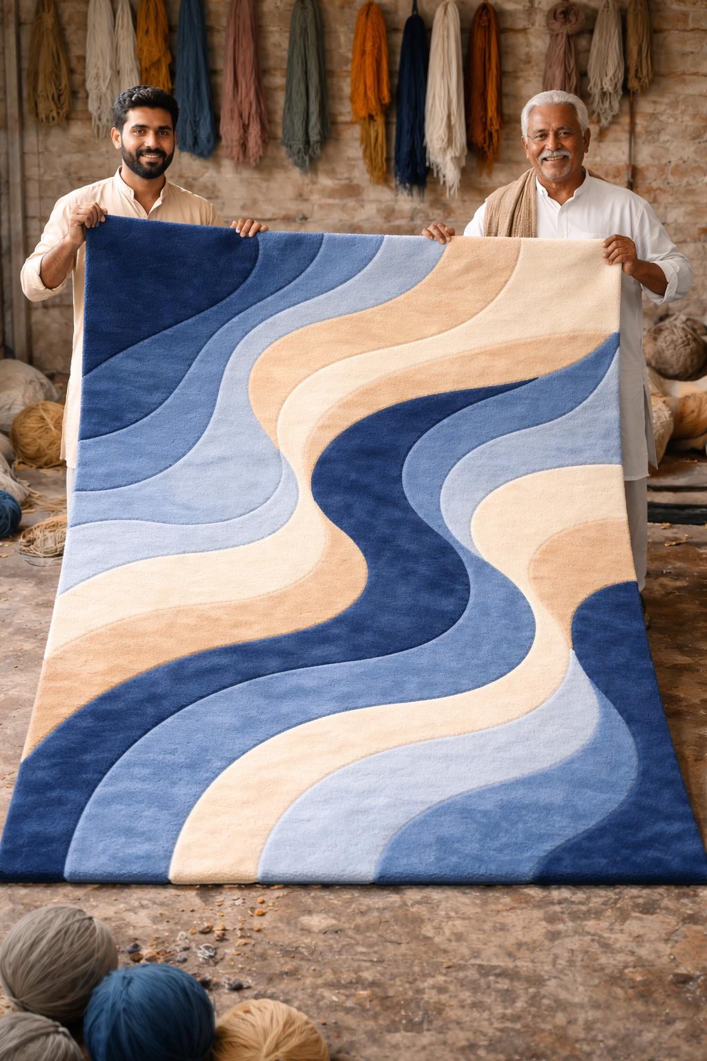 Luxury Abstract Rug | Hand Tufted Wool Rug | Modern Wave Design Carpet | Luxury Living Room Rug | Beige Blue Area Rug | Custom Size Rug