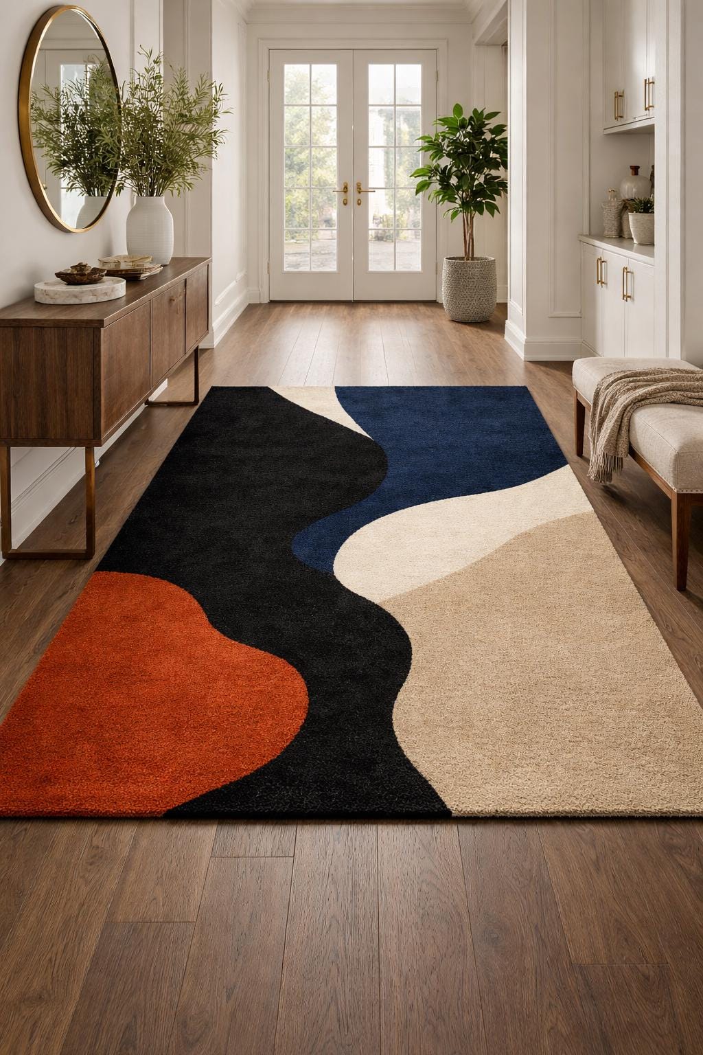 Luxury Hand Tufted Wool Rug | Abstract Modern Area Rug | Navy Black Beige Rust Rug | Designer Bedroom Rug | Handmade Contemporary Carpet