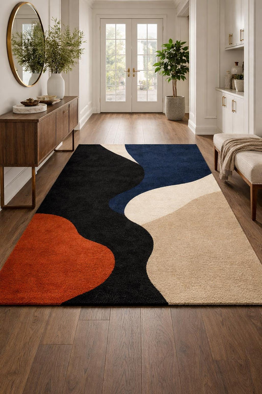 Luxury Hand Tufted Wool Rug | Abstract Modern Area Rug | Navy Black Beige Rust Rug | Designer Bedroom Rug | Handmade Contemporary Carpet