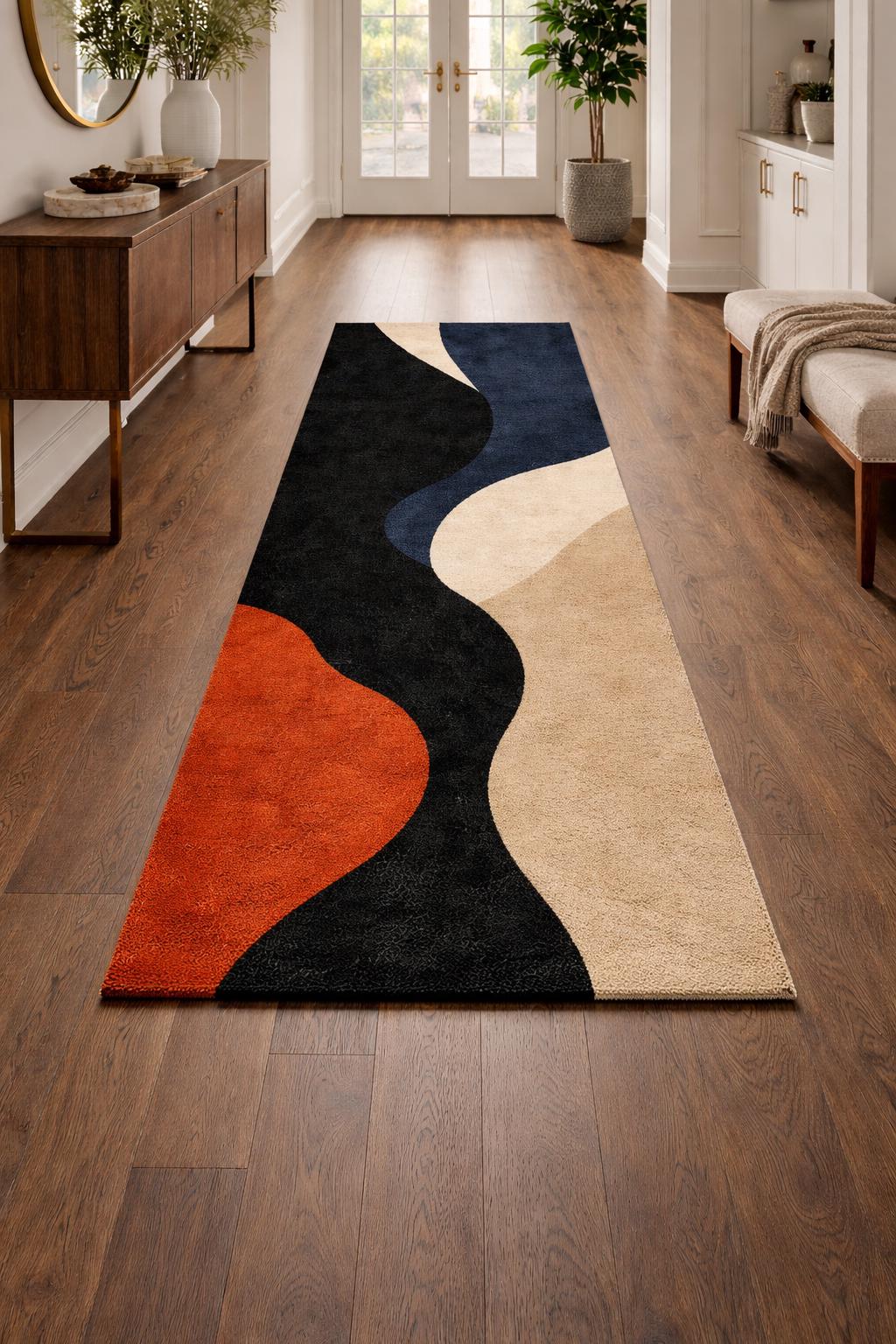 Luxury Hand Tufted Wool Rug | Abstract Modern Area Rug | Navy Black Beige Rust Rug | Designer Bedroom Rug | Handmade Contemporary Carpet