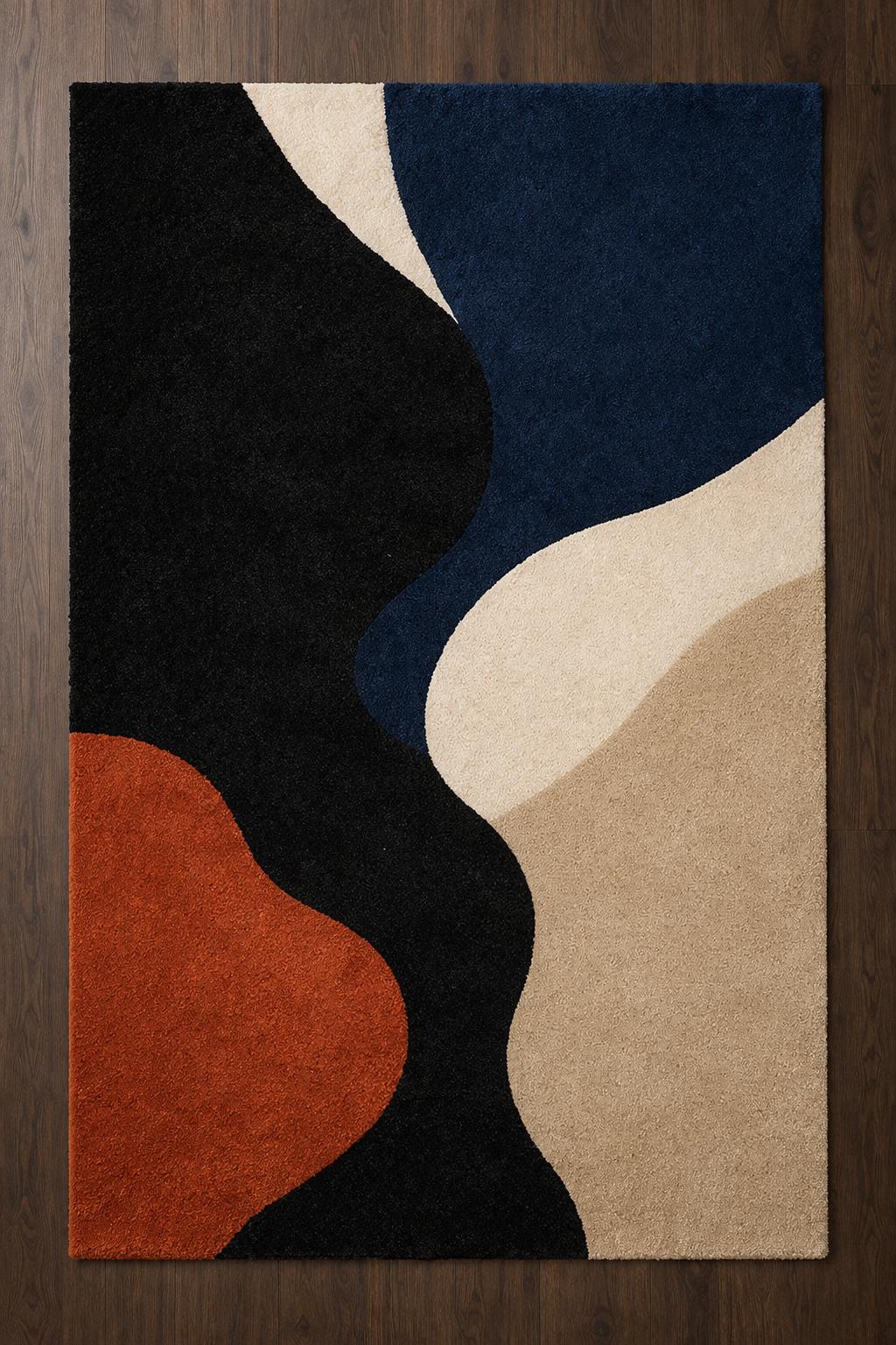 Luxury Hand Tufted Wool Rug | Abstract Modern Area Rug | Navy Black Beige Rust Rug | Designer Bedroom Rug | Handmade Contemporary Carpet