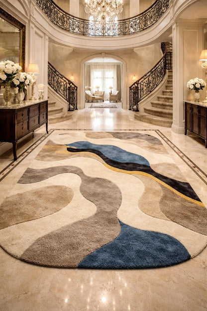 Abstract Hand Tufted Wool Rug | Modern Beige Blue Area Rug | Luxury Bedroom Rug |Custom Size Handmade Rug | Contemporary Wave Design Carpet