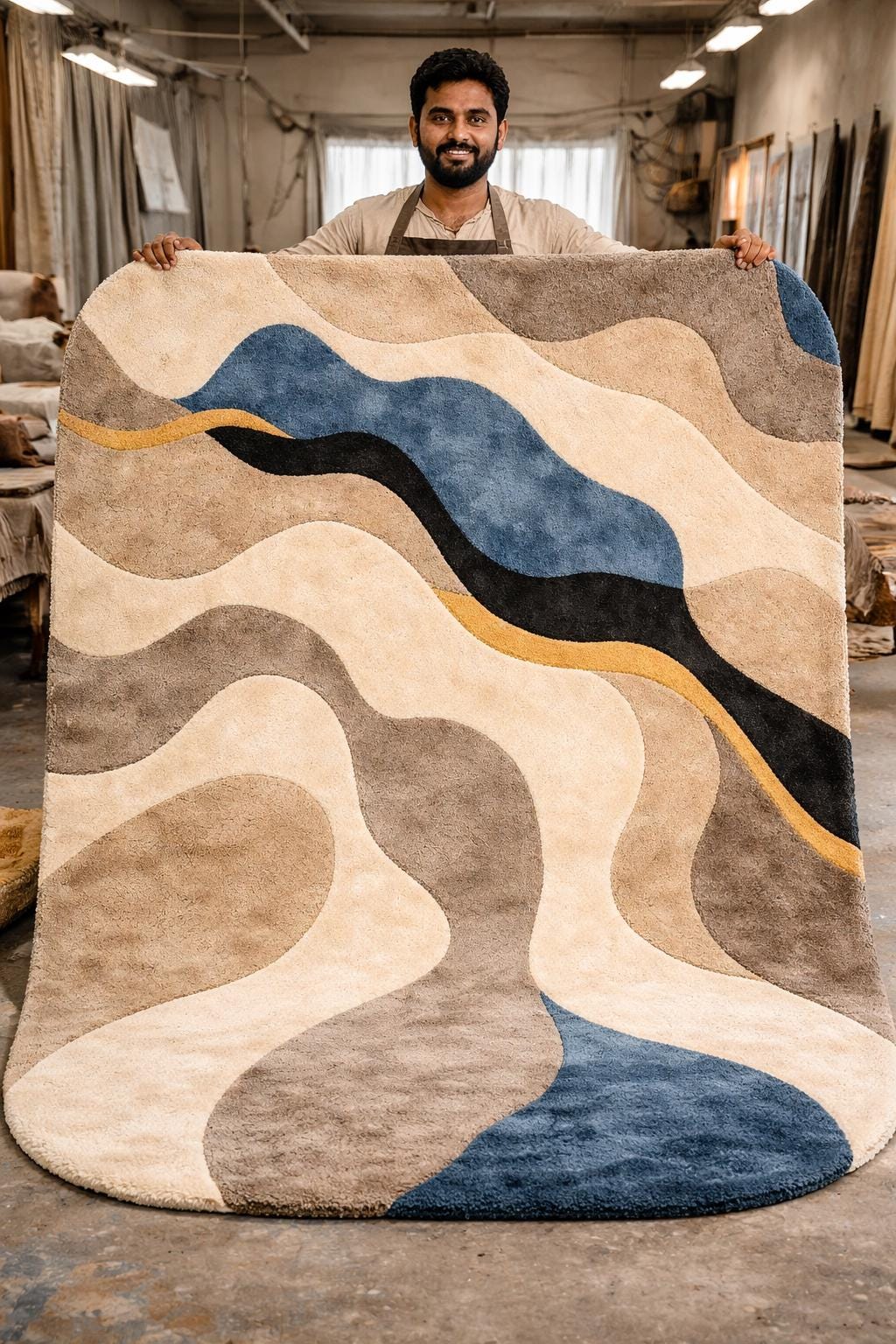 Abstract Hand Tufted Wool Rug | Modern Beige Blue Area Rug | Luxury Bedroom Rug |Custom Size Handmade Rug | Contemporary Wave Design Carpet