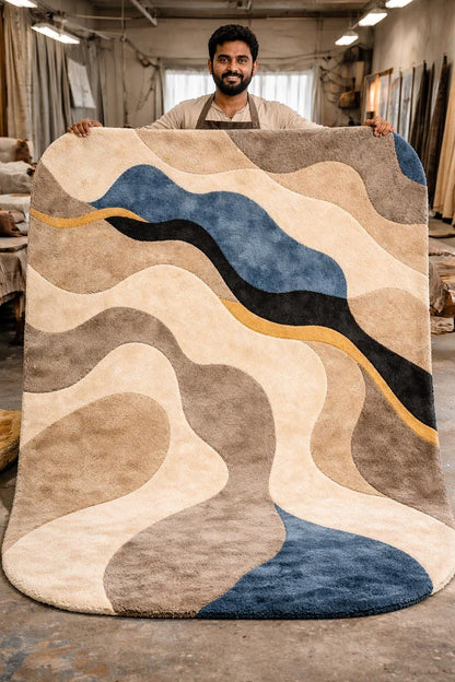 Abstract Hand Tufted Wool Rug | Modern Beige Blue Area Rug | Luxury Bedroom Rug |Custom Size Handmade Rug | Contemporary Wave Design Carpet